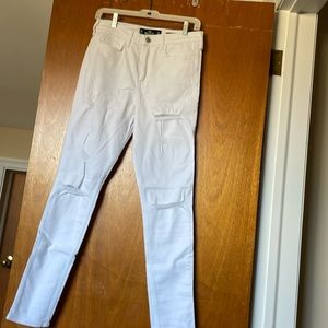 Hollister, high-rise, super skinny, distressed, white jeans.